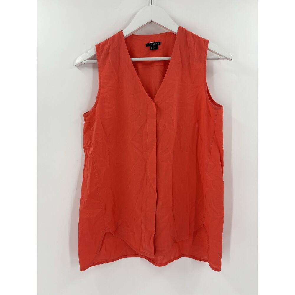Theory Pala Blouse Womens Small Orange Punch Sleeveless Hidden Buttons V Neck